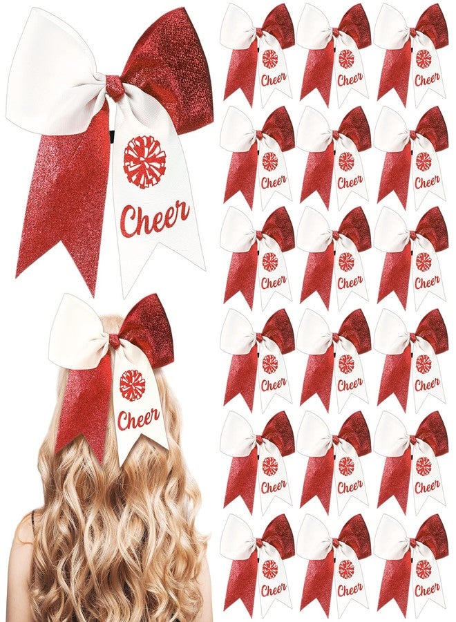 Suncalla 20 Pcs Valentine's Day Red and White Cheer Hair Bows Ponytail Holders Cheer Ribbon Pom Pom Elastic Hair Ties Gifts Bulk for Cheerleaders Women Teams Competition Sports - Image 1